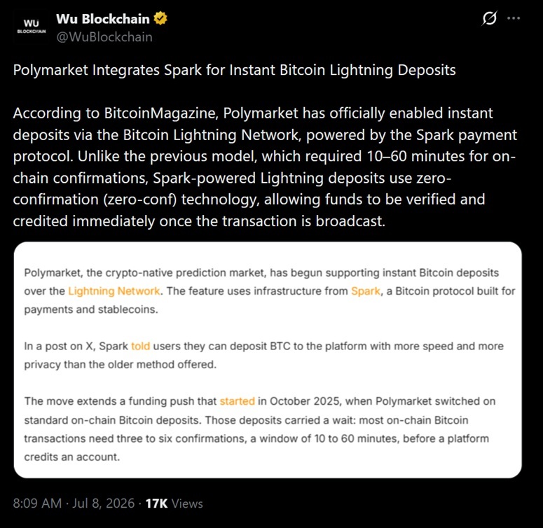 Polymarket Switches on Instant Bitcoin Lightning Deposits, Cutting 60-Minute Waits to Under a Second Polymarket Switches on Instant Bitcoin Lightning Deposits, Cutting 60-Minute Waits to Under a Second