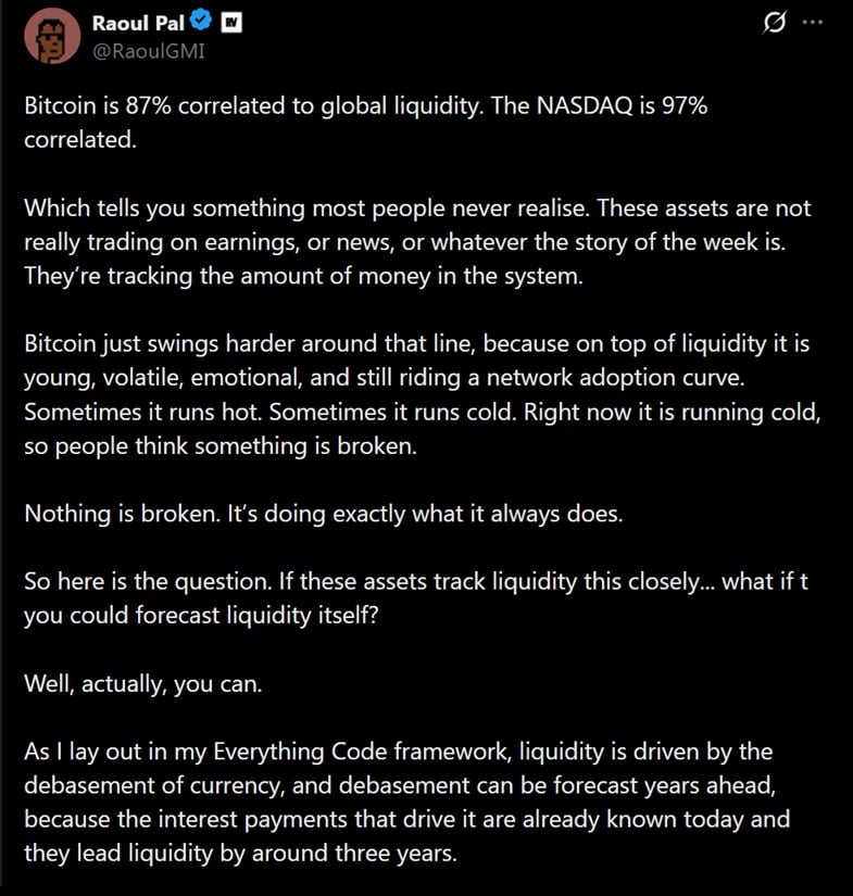 Raoul Pal's thesis on BTC and its correlation with global liquidity.