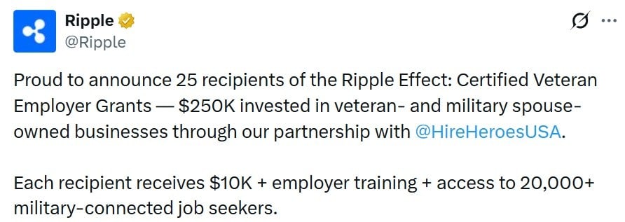 Ripple Commits $250,000 to 25 Veteran-Owned Businesses Through Hire Heroes USA Ripple Commits $250,000 to 25 Veteran-Owned Businesses Through Hire Heroes USA