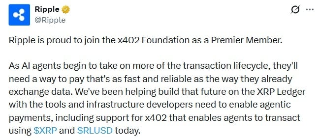 XRP Enters AI Agent Payments Push as Ripple Joins x402 Foundation