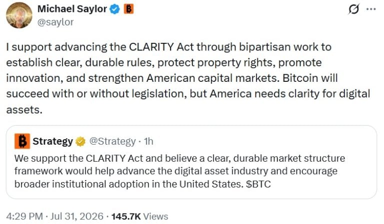 Strategy and Saylor Back CLARITY Act for US Crypto