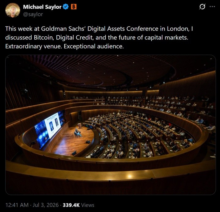 Tweet discussing Saylor's recent appearance at the Goldman Sachs London conference.