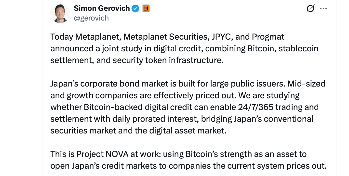 Metaplanet to Research Bitcoin Collateral for Round-the-Clock Bond Settlement Metaplanet CEO X post.
