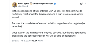 Les prix de l’or chutent alors que les tensions en Iran effacent la faiblesse du rapport sur l’emploi aux États-Unis. Article de Peter Spina X sur l'or et la guerre.