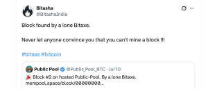 Jackpot de loterie Bitcoin : un mineur à domicile en solo gagne 200 000 $ avec un appareil de minage de 150 $ X post sur la victoire minière en solo de Bitaxe.
