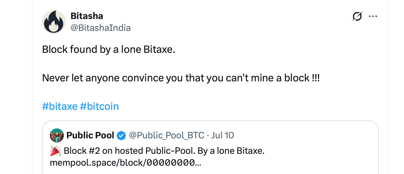 Bitcoin's Lottery Jackpot: Solo Home Miner Wins $200,000 With a $150 Mining Device X post on the Bitaxe solo mining win.