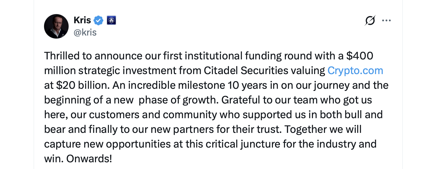Crypto.com CEO and co-founder Kris Marszalek X post. 