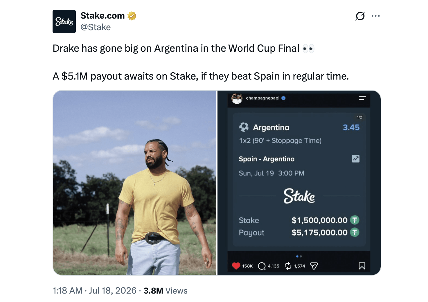 Drake Drops $1.5M USDT Bet on Argentina Despite Spain's World Cup Edge X screenshot from Stake.