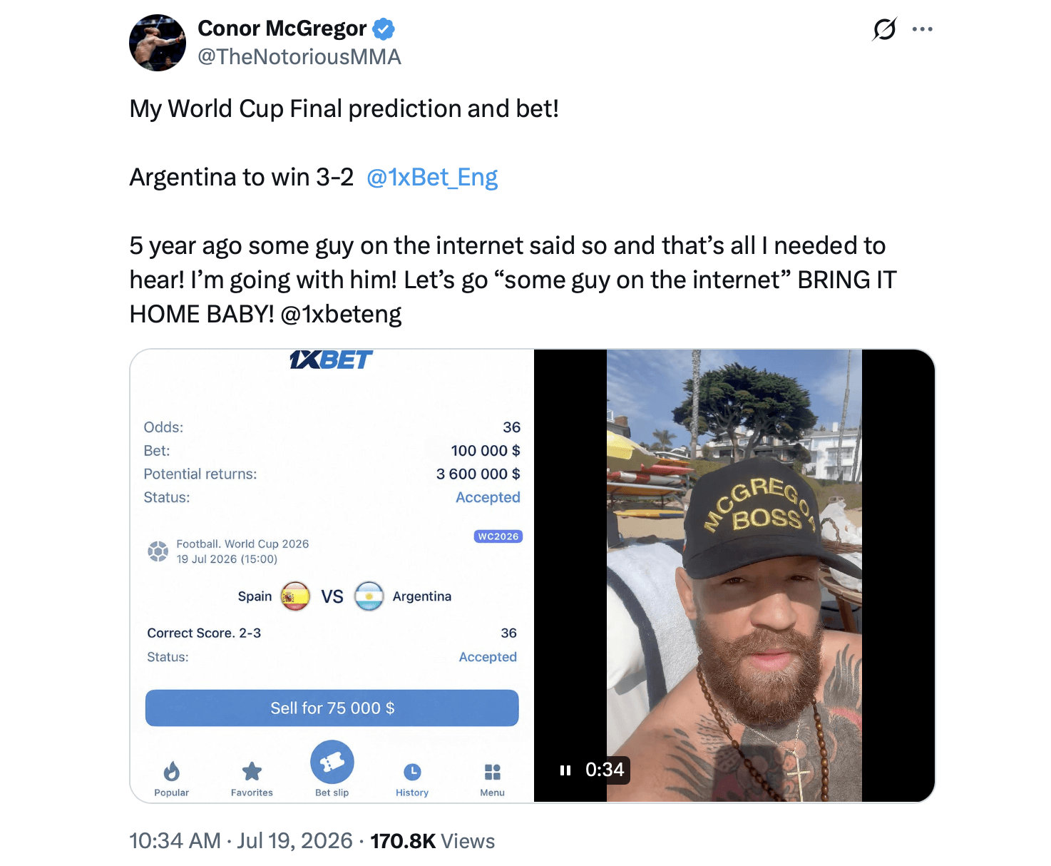 UFC Champion Conor McGregor Risks $100K on Viral 3-2 World Cup Prophecy With a $3.6M Payday Conor McGregor's X post screenshot.