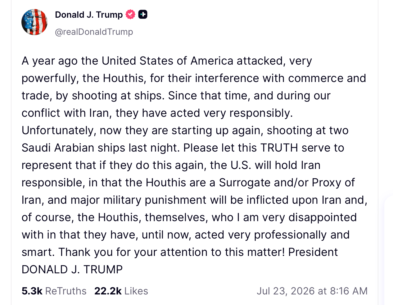 Brent Cracks $100 as Houthis Hit Saudi Tankers and Trump Raises War Threat Trump's Truth Social post screenshot.