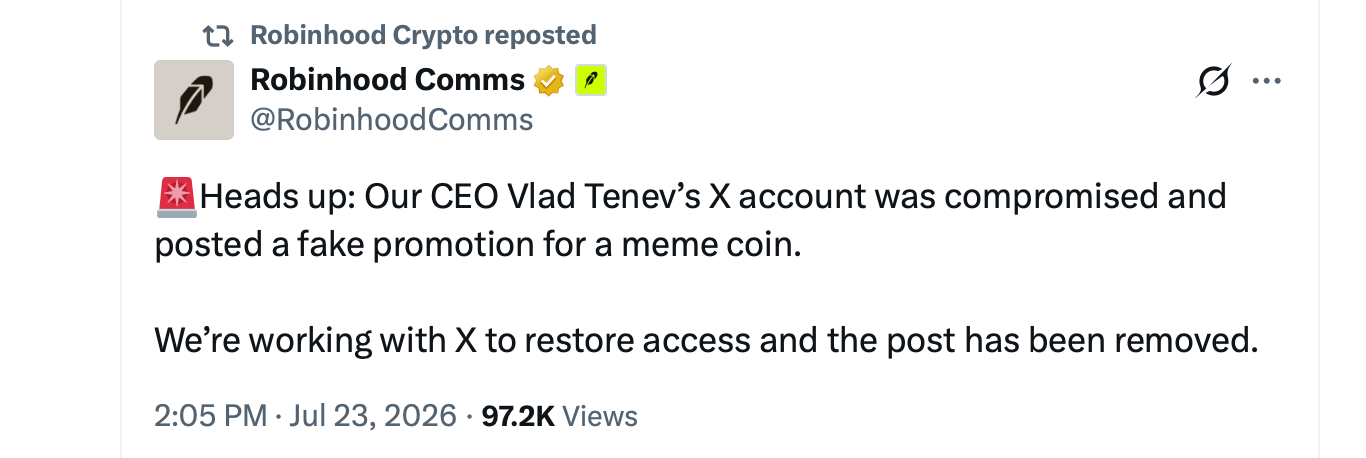Hackers Hijack Robinhood CEO Vlad Tenev's X Account to Push Fake VLAD Meme Coin X screenshot