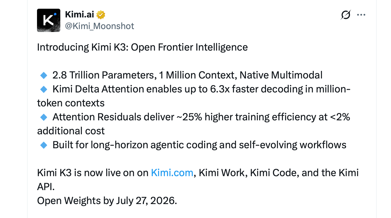 AI Giants Unleash 4 Frontier Models in 3 Weeks as the Race Enters Overdrive Kimi Moonshot X post screenshot.