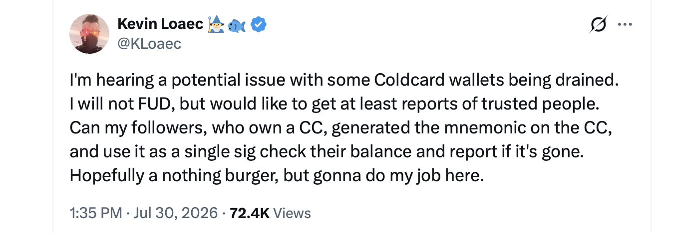 Coinkite Warns Coldcard Mk3 Owners After Reports of $38M Bitcoin Loss X post screenshot