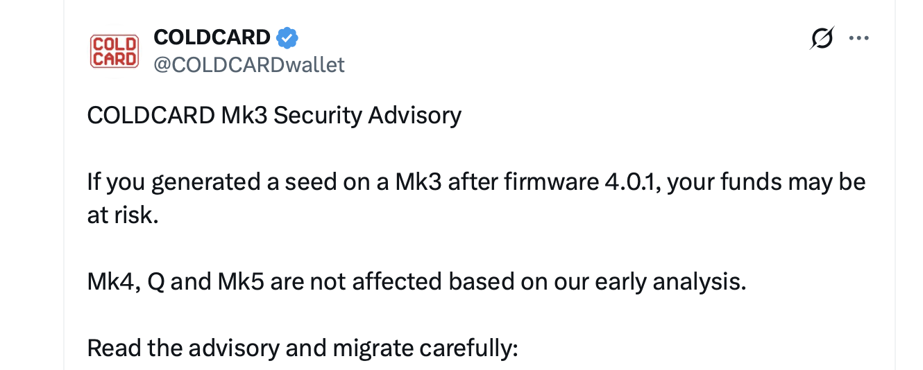 Coinkite Warns Coldcard Mk3 Owners After Reports of $38M Bitcoin Loss X post screenshot