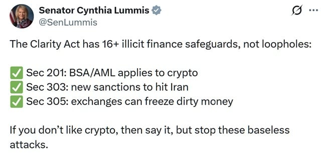 Lummis Fires Back at Warren, Says CLARITY Act Has 16+ Illicit Finance Safeguards