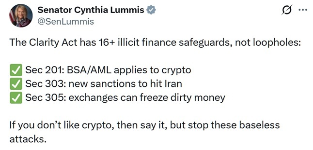 Lummis Fires Back at Warren, Says CLARITY Act Has 16+ Illicit Finance Safeguards Lummis Fires Back at Warren, Says CLARITY Act Has 16+ Illicit Finance Safeguards
