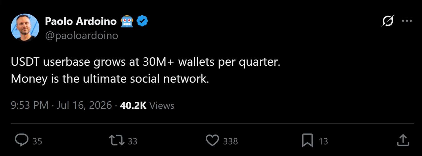 Paolo Ardoino's tweet discussing USDT's rising wallet count.