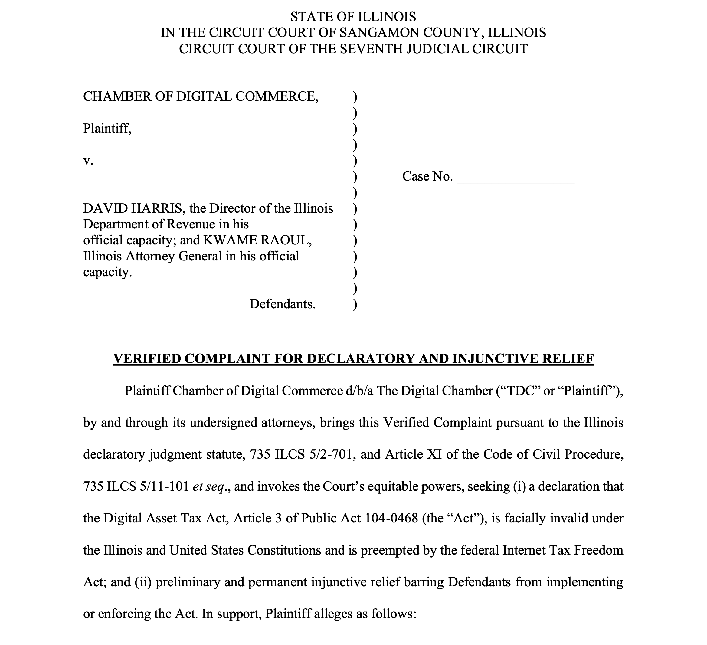 The Digital Chamber Sues the State of Illinois Over First-Ever 0.2% Crypto Tax The Digital Chamber Sues the State of Illinois Over First-Ever 0.2% Crypto Tax