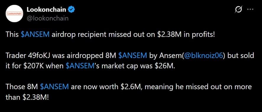 Lookonchain data showing a trader losing over $2 million on ANSEM