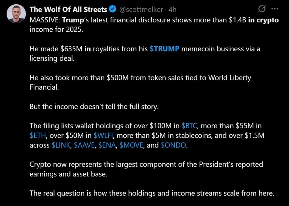 Tweet giving a breakdown of Trump's crypto assets.
