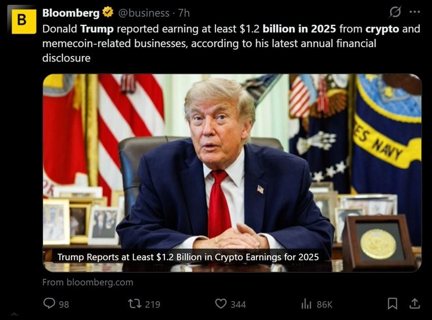Tweet discussing Trumps 2025 crypto earnings.