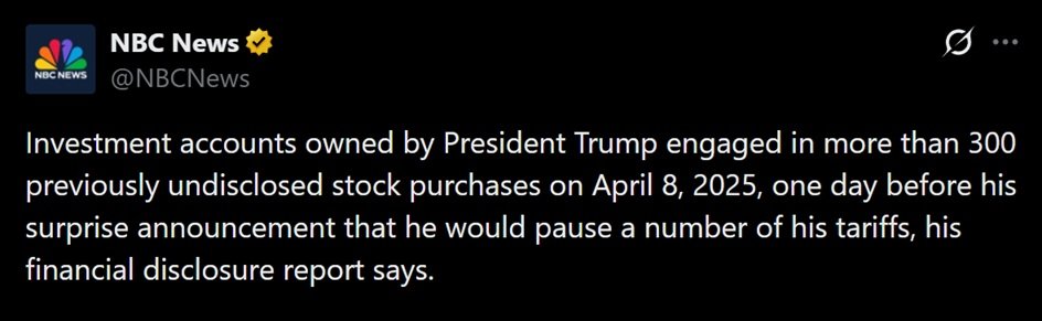 Tweet discussing President Trump's stock purchases prior to his tariff pause last year.
