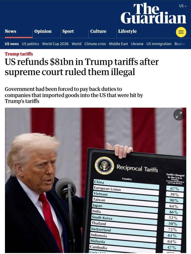 Guardian post discussing Trump's tarriff refunds.