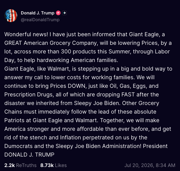 Trump's promise to keep bringing prices down.