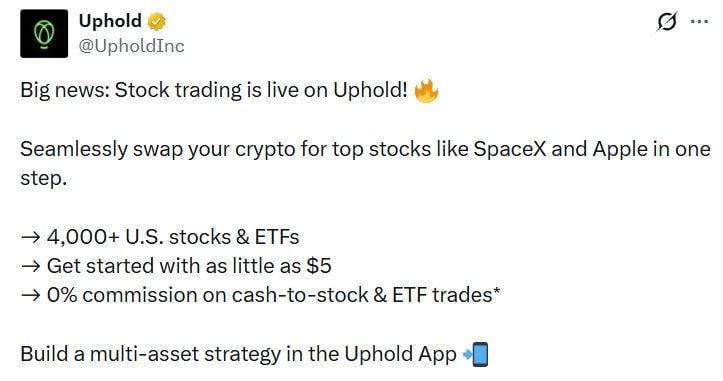 Crypto to SpaceX, Apple in One Step: Uphold Adds 4,000+ Stocks and ETFs Crypto to SpaceX, Apple in One Step: Uphold Adds 4,000+ Stocks and ETFs