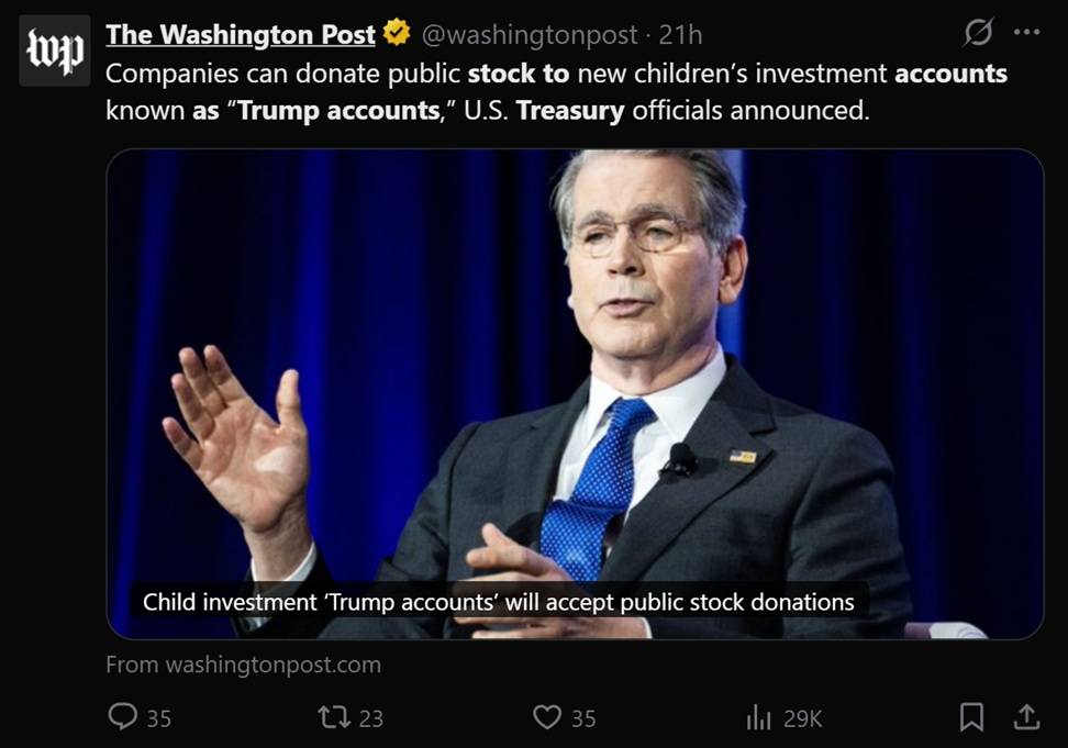 Tweet discussing US treasury's opening of 'Trump Accounts.'
