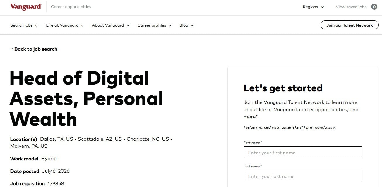 $12 Trillion Vanguard Signals Deeper Crypto Push With New Head of Digital Assets Position $12 Trillion Vanguard Signals Deeper Crypto Push With New Head of Digital Assets Position