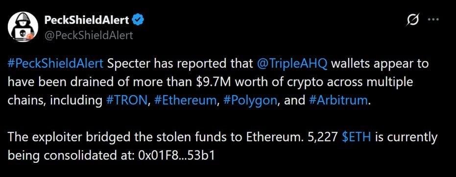 Peckshield alert regarding Triple-A's latest breach.