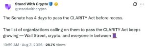 Senate Has 4 Days to Advance CLARITY Act as White House Weighs Deal Senate Has 4 Days to Advance CLARITY Act as White House Weighs Deal
