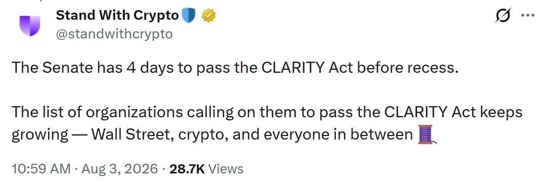 Senate Has 4 Days to Advance CLARITY Act as White House Weighs Deal