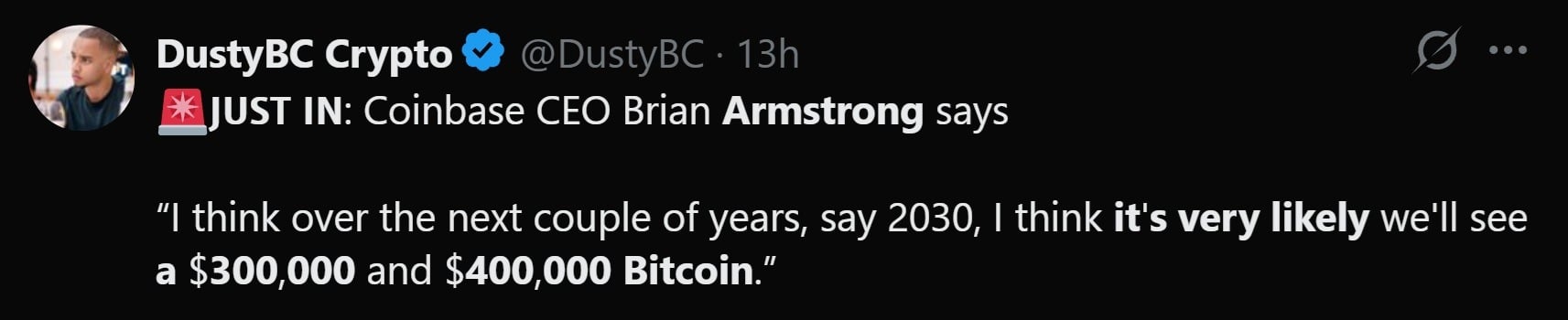 Brian Armstrong BTC price prediction for 2030