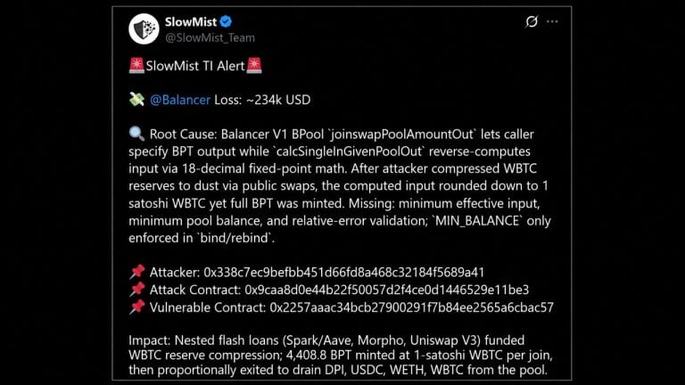 Balancer V1 Pool Hacked for $234K in Same Bug Family