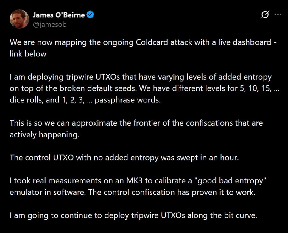 James O'Beirne's live tracker for Coldcard related losses