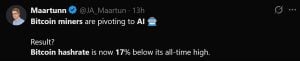 Cryptoquant analyst Maartunn's commentary on Bitcoin's hashrate.