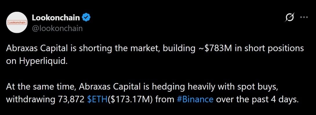 Abraxas Builds $783M Hyperliquid Short, Hedges ETH as BTC Hits $77.5K Abraxas Builds $783M Hyperliquid Short, Hedges ETH as BTC Hits $77.5K