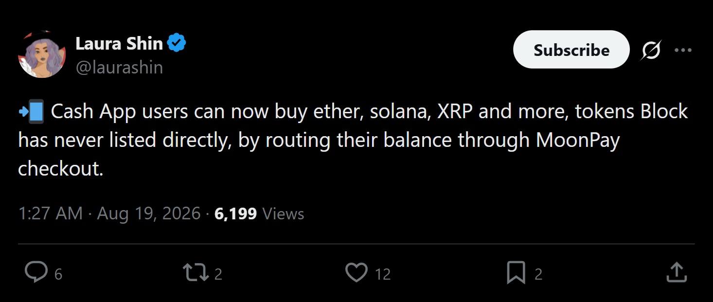 Cash App Adds XRP, SOL and ETH via Moonpay for 59M Users Cash App Adds XRP, SOL and ETH via Moonpay for 59M Users