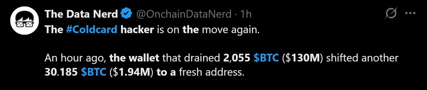 Coldcard hacker moves another 30 BTC.