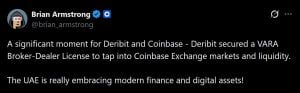 Brian Armstrong announces Deribit's recent VARA approval.