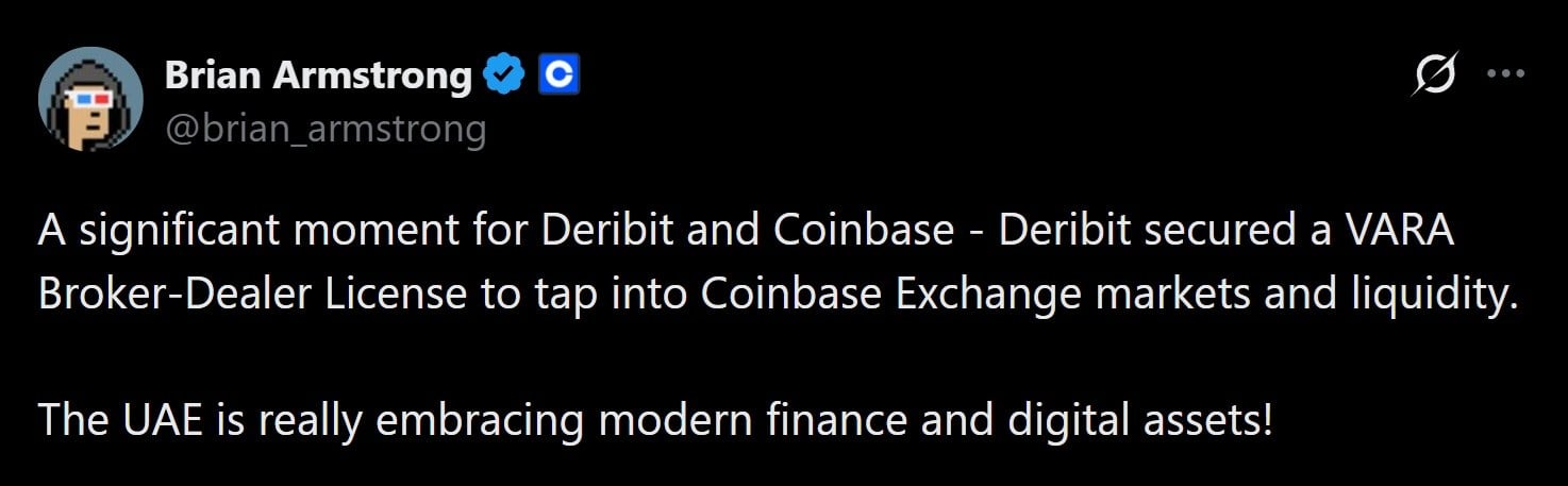 Brian Armstrong announces Deribit's recent VARA approval.