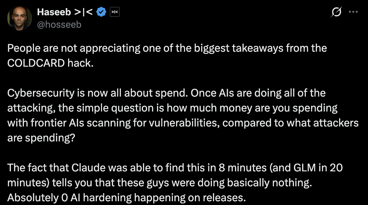 Dragonfly's Haseeb Qureshi Says $2 AI Audit Could Have Caught Coldcard Flaw Dragonfly's Haseeb Qureshi X screenshot