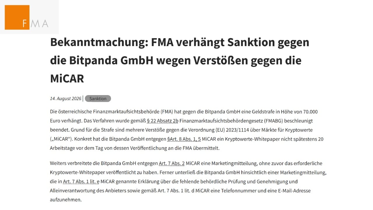 Austria Fines Bitpanda 70,000 Euros in First MiCA Crypto Penalty