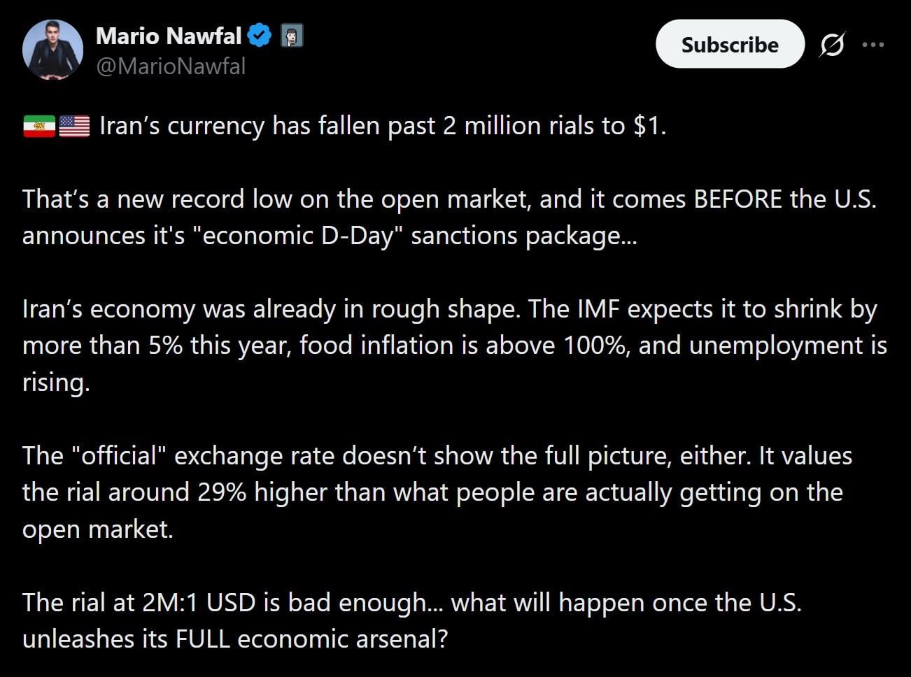 Iran rial crashes to historic lows.