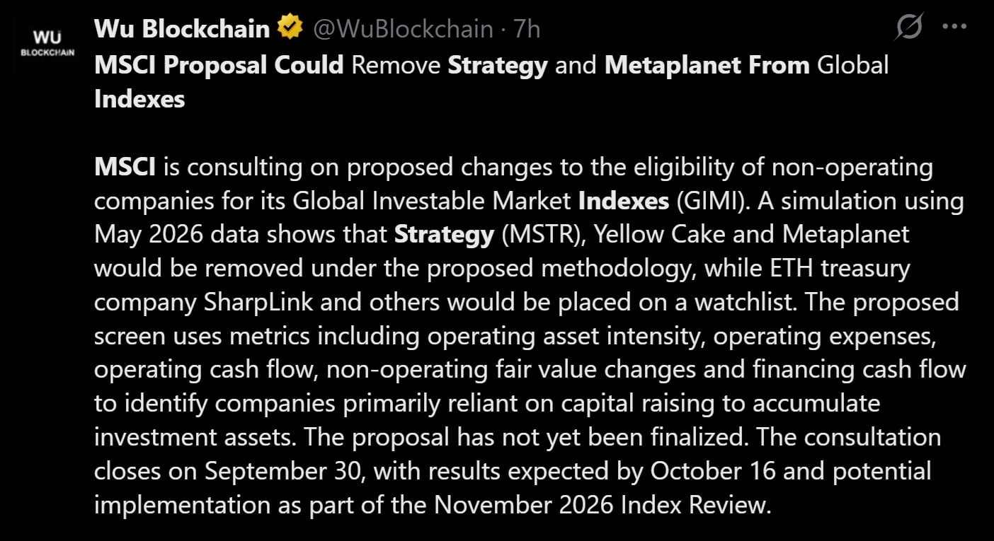MSCI proposal stands to delete strategy and metaplanet from index list.