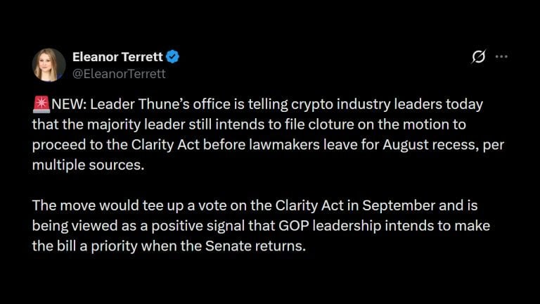 Senate Leader Thune Pushes for CLARITY Act Vote in September