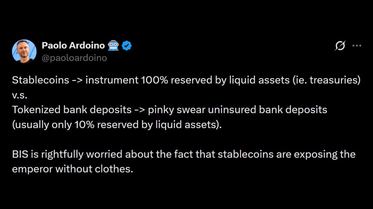 Tether CEO Slams BIS Over Tokenized Bank Deposit Push