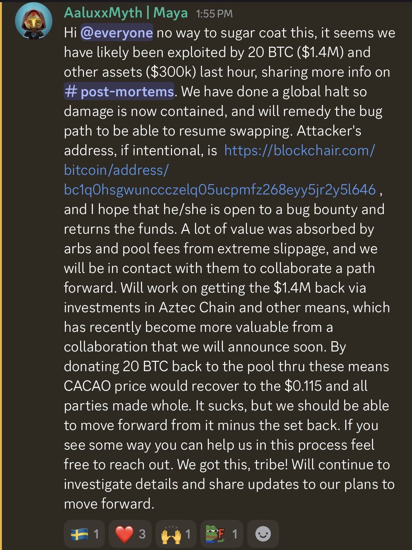 Maya Protocol co founder comments on the hack.